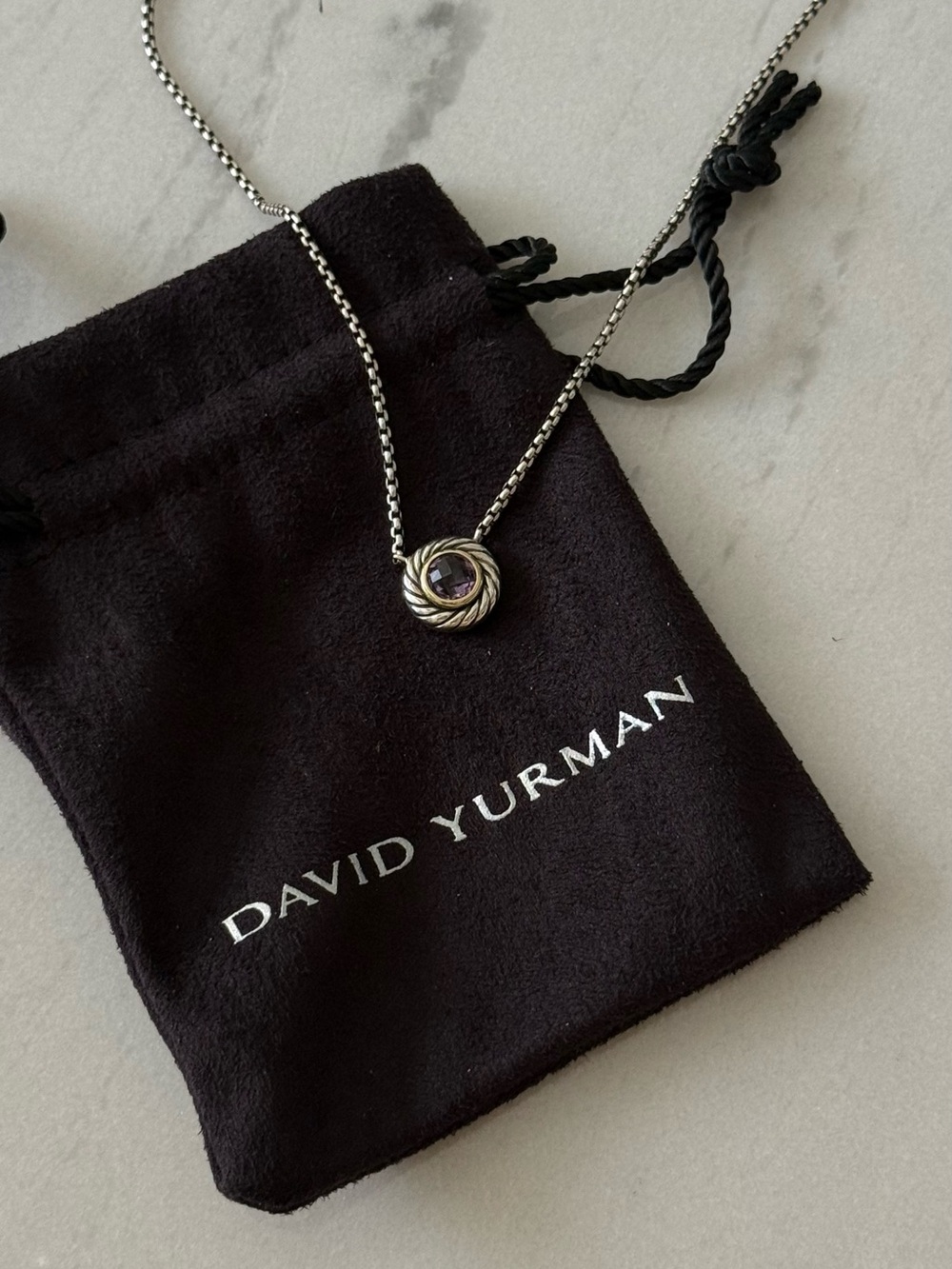 David Yurman Sterling Pendant Cookie Necklace with Purple Amethyst Center